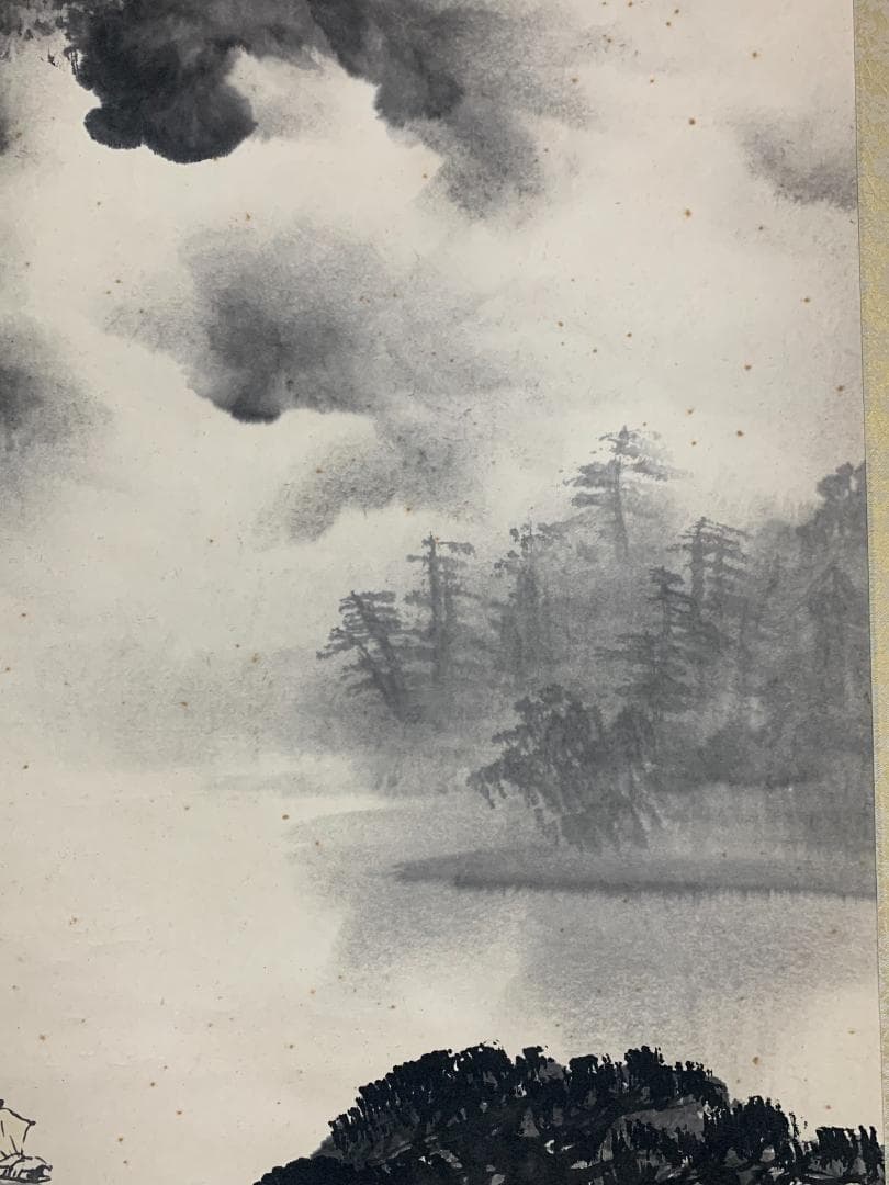 梁栄中 雲山紅帆 山水図 紙本 大幅 掛軸 中国画 396