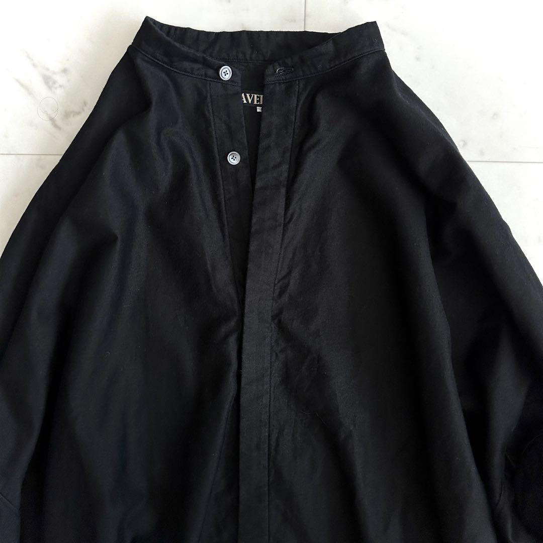 美品 ハバーサック バンドカラー ロングワンピース 黒 シャツワンピース