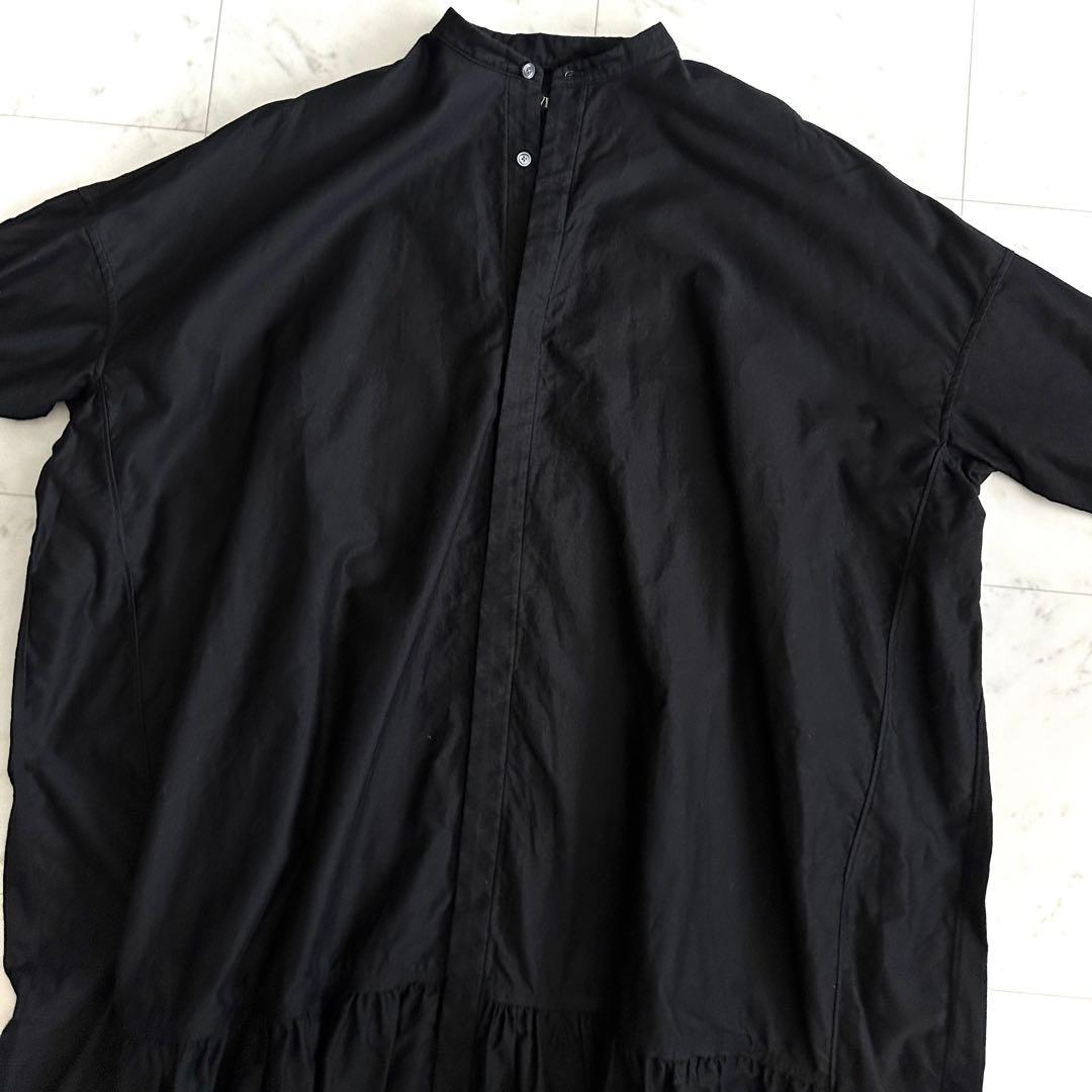 美品 ハバーサック バンドカラー ロングワンピース 黒 シャツワンピース