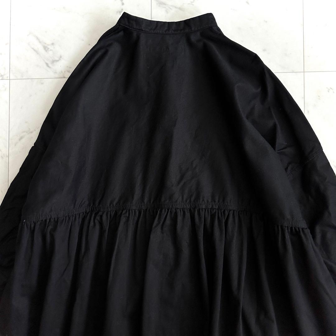 美品 ハバーサック バンドカラー ロングワンピース 黒 シャツワンピース