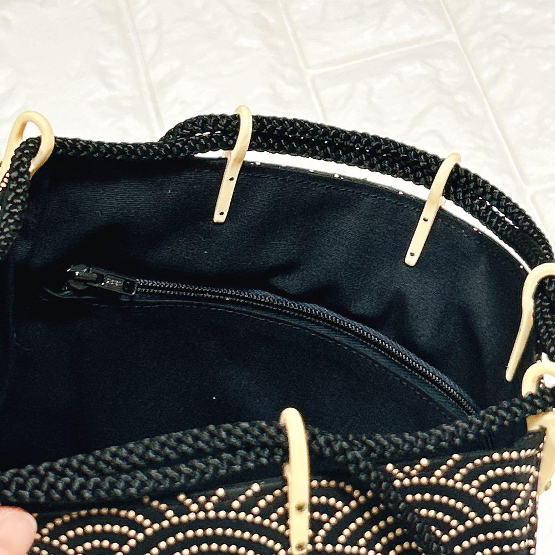 印傳屋 インデンヤ 合切袋 青海波 鶴銀杏模様 甲州印伝 鹿革 漆塗 巾着袋