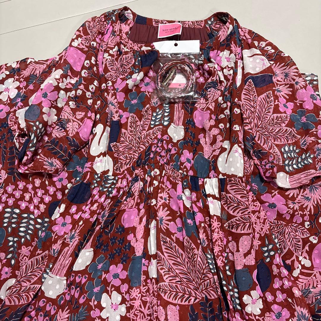 ゆりリリ✨ケイトスペード シルク100% 猫と花柄ワンピース ピンク系
