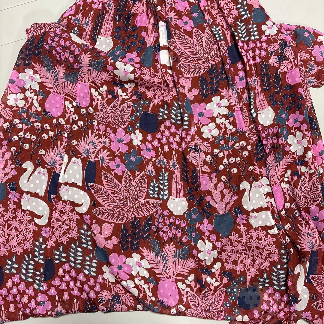 ゆりリリ✨ケイトスペード シルク100% 猫と花柄ワンピース ピンク系