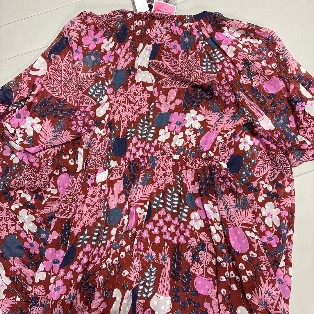 ゆりリリ✨ケイトスペード シルク100% 猫と花柄ワンピース ピンク系