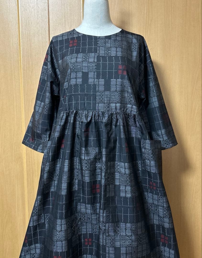 20 着物リメイク　大島紬　ギャザーワンピース