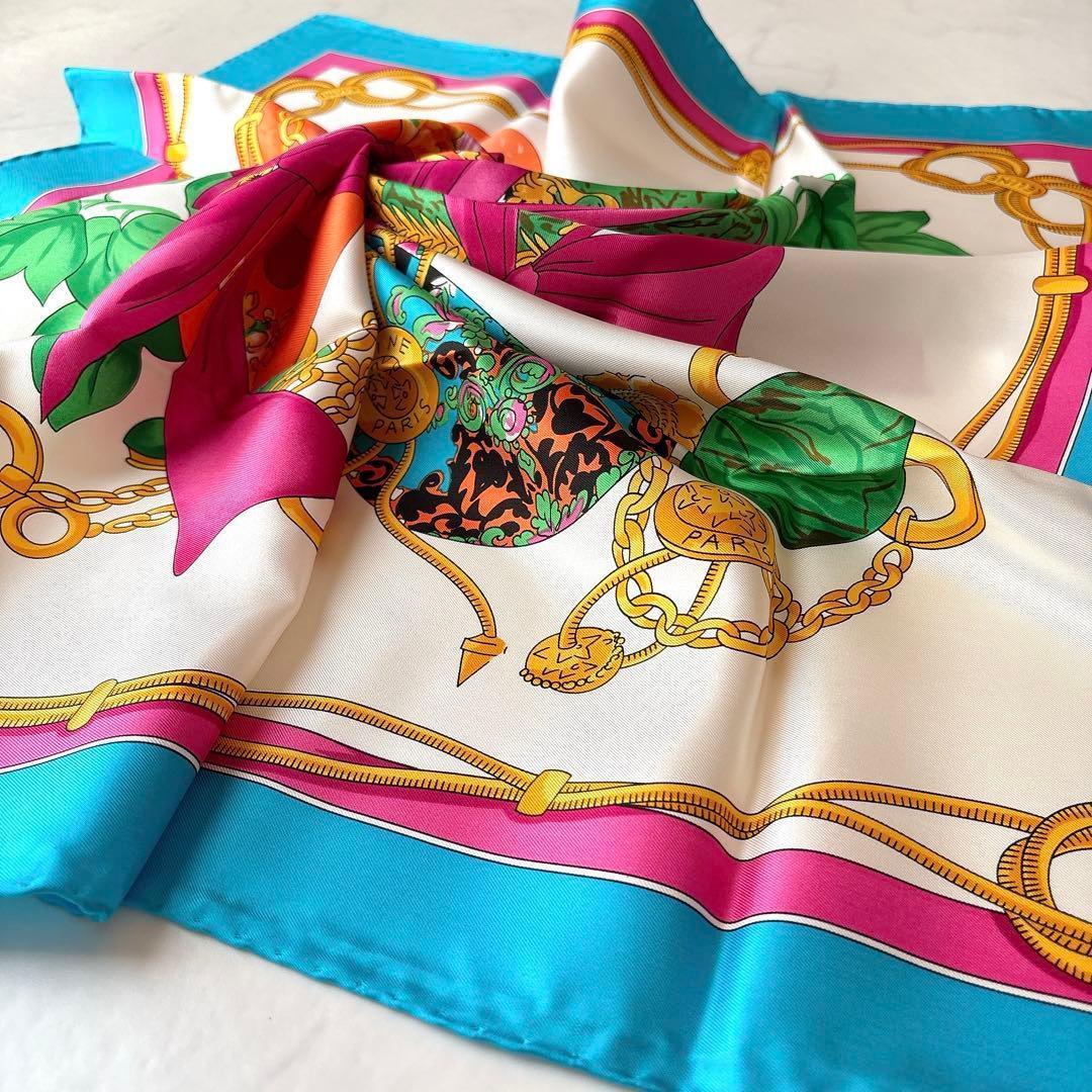 未使用 セリーヌ イースターエッグ柄 シルクスカーフ リボン チェーン