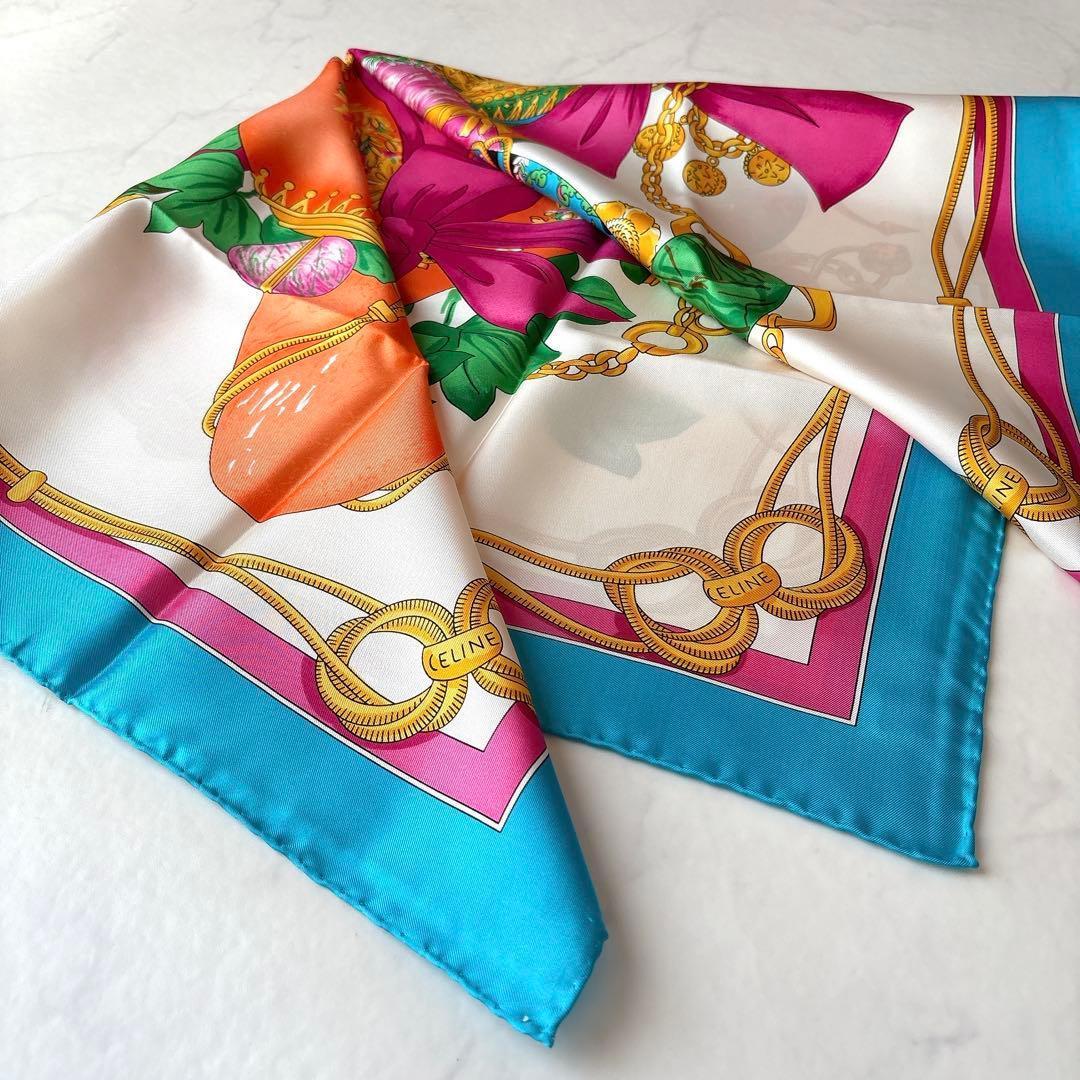 未使用 セリーヌ イースターエッグ柄 シルクスカーフ リボン チェーン