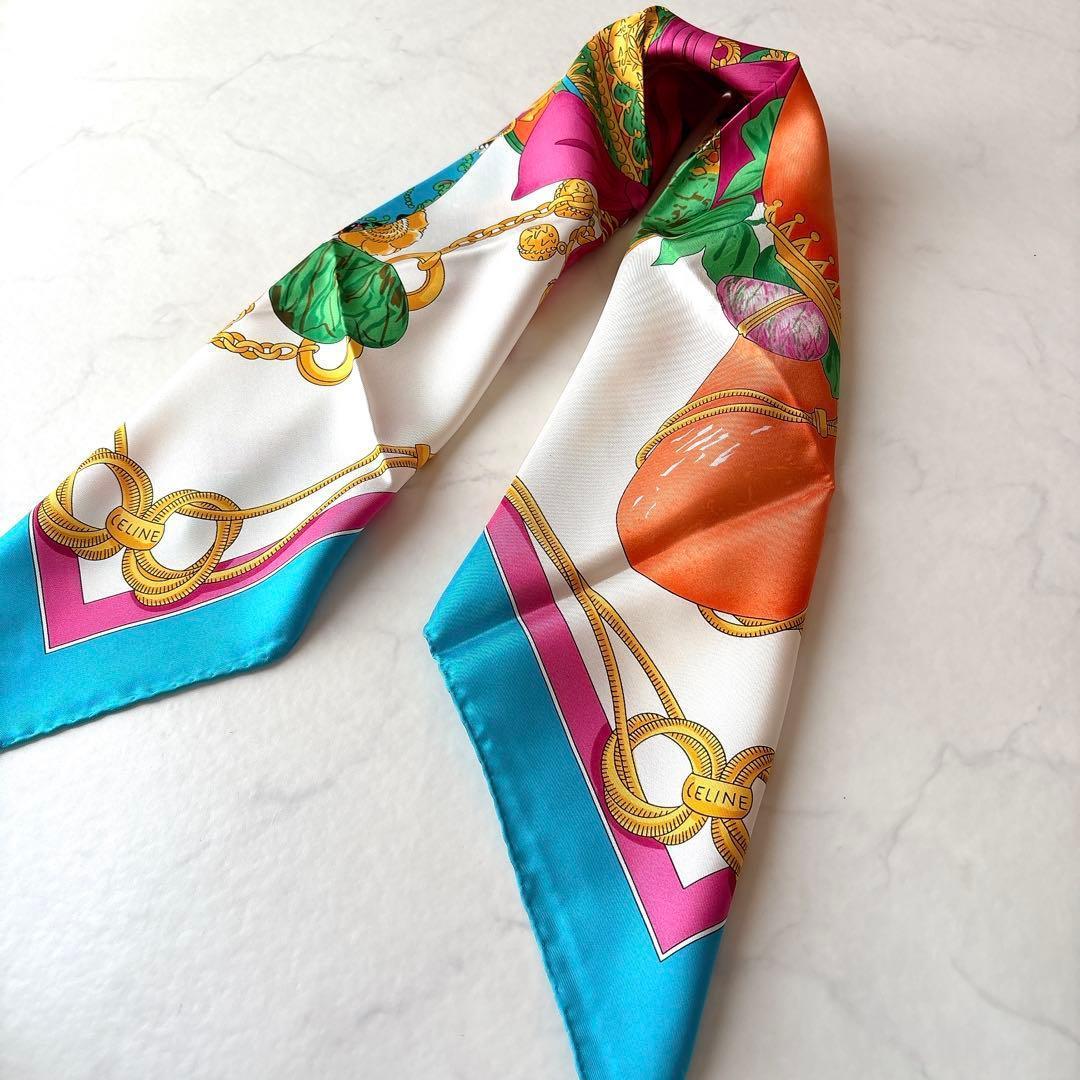 未使用 セリーヌ イースターエッグ柄 シルクスカーフ リボン チェーン