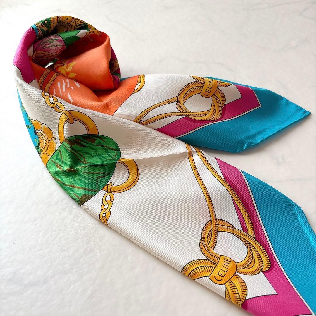 未使用 セリーヌ イースターエッグ柄 シルクスカーフ リボン チェーン
