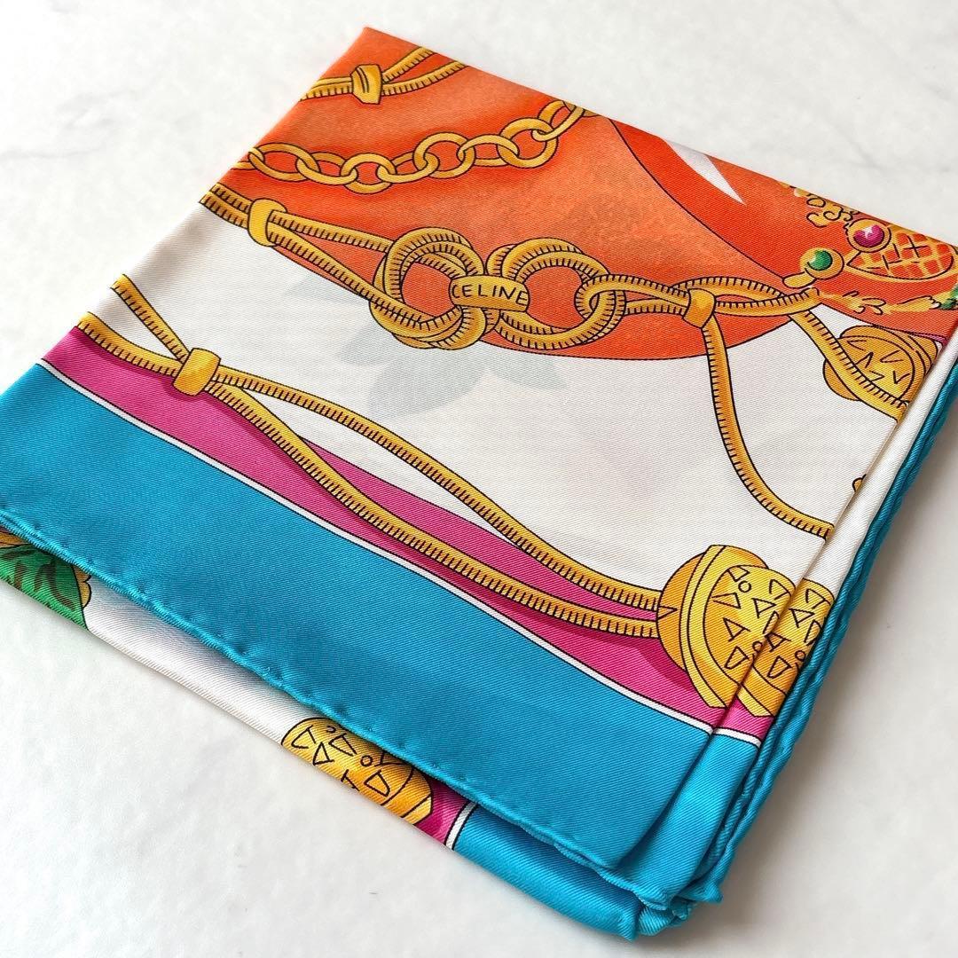 未使用 セリーヌ イースターエッグ柄 シルクスカーフ リボン チェーン