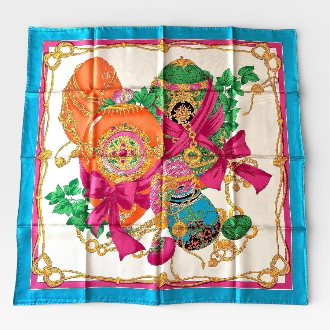 未使用 セリーヌ イースターエッグ柄 シルクスカーフ リボン チェーン