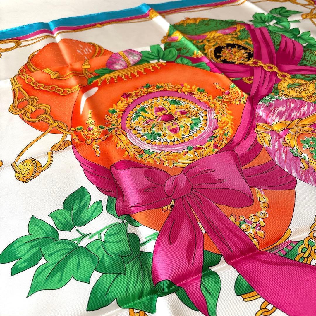 未使用 セリーヌ イースターエッグ柄 シルクスカーフ リボン チェーン