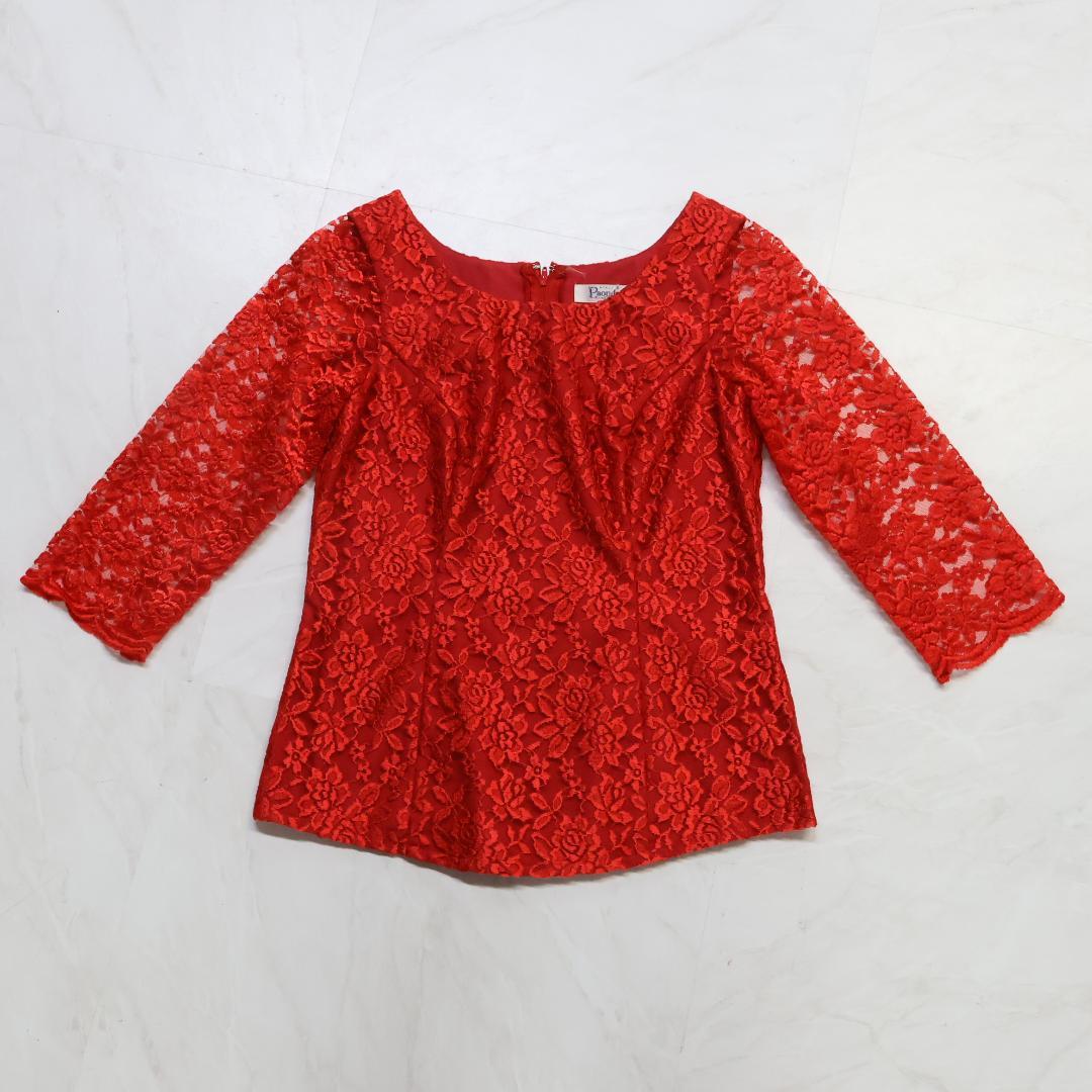 【美品 日本製 フラダンス衣装】レッド Paondor トップス ブラウス 赤