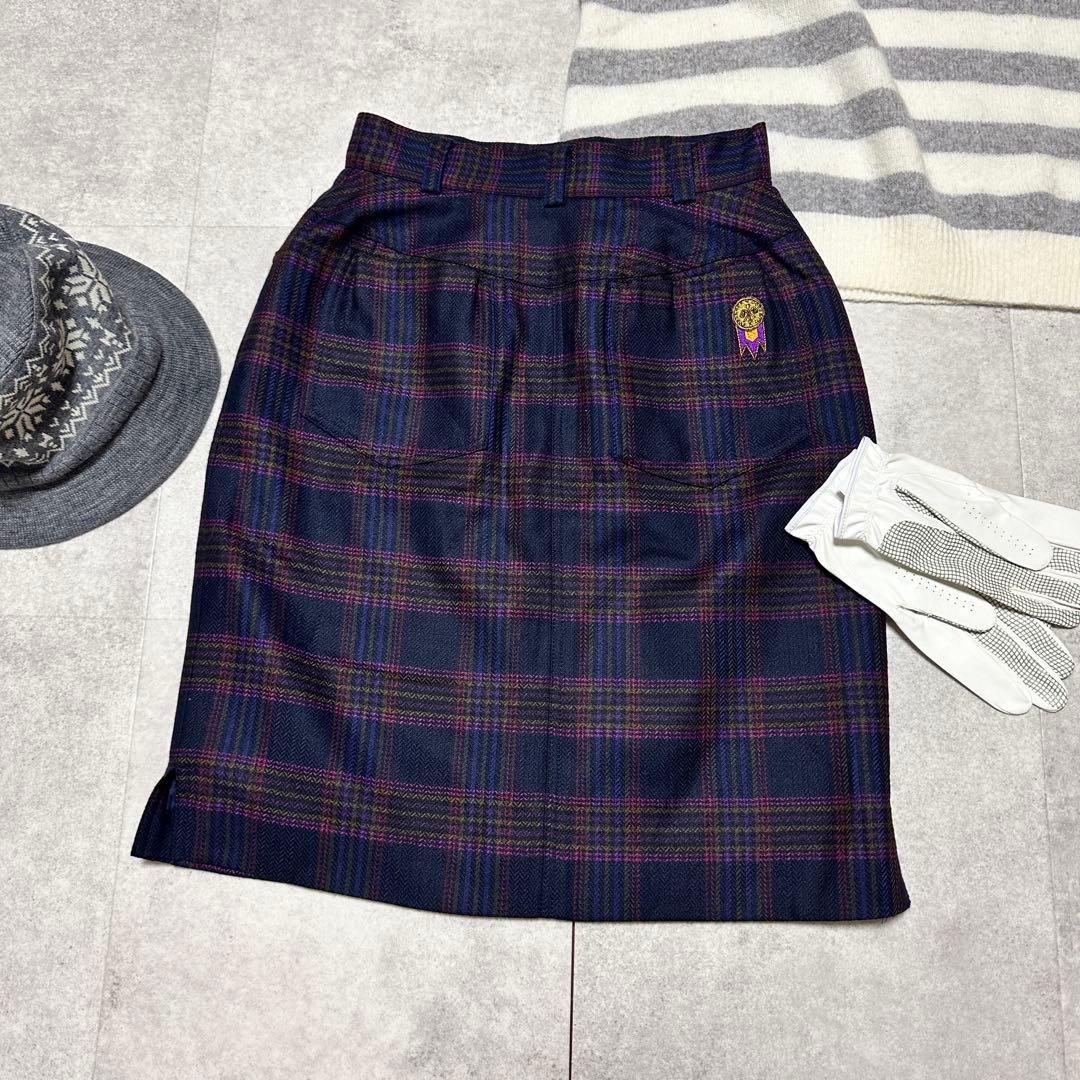 カステルバジャック スカート チェック ウール100% ゴルフウェア 紺 M