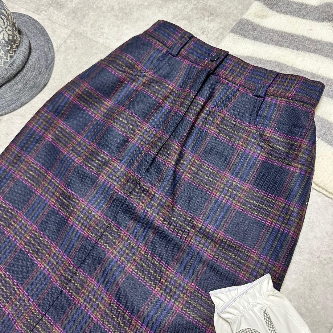 カステルバジャック スカート チェック ウール100% ゴルフウェア 紺 M