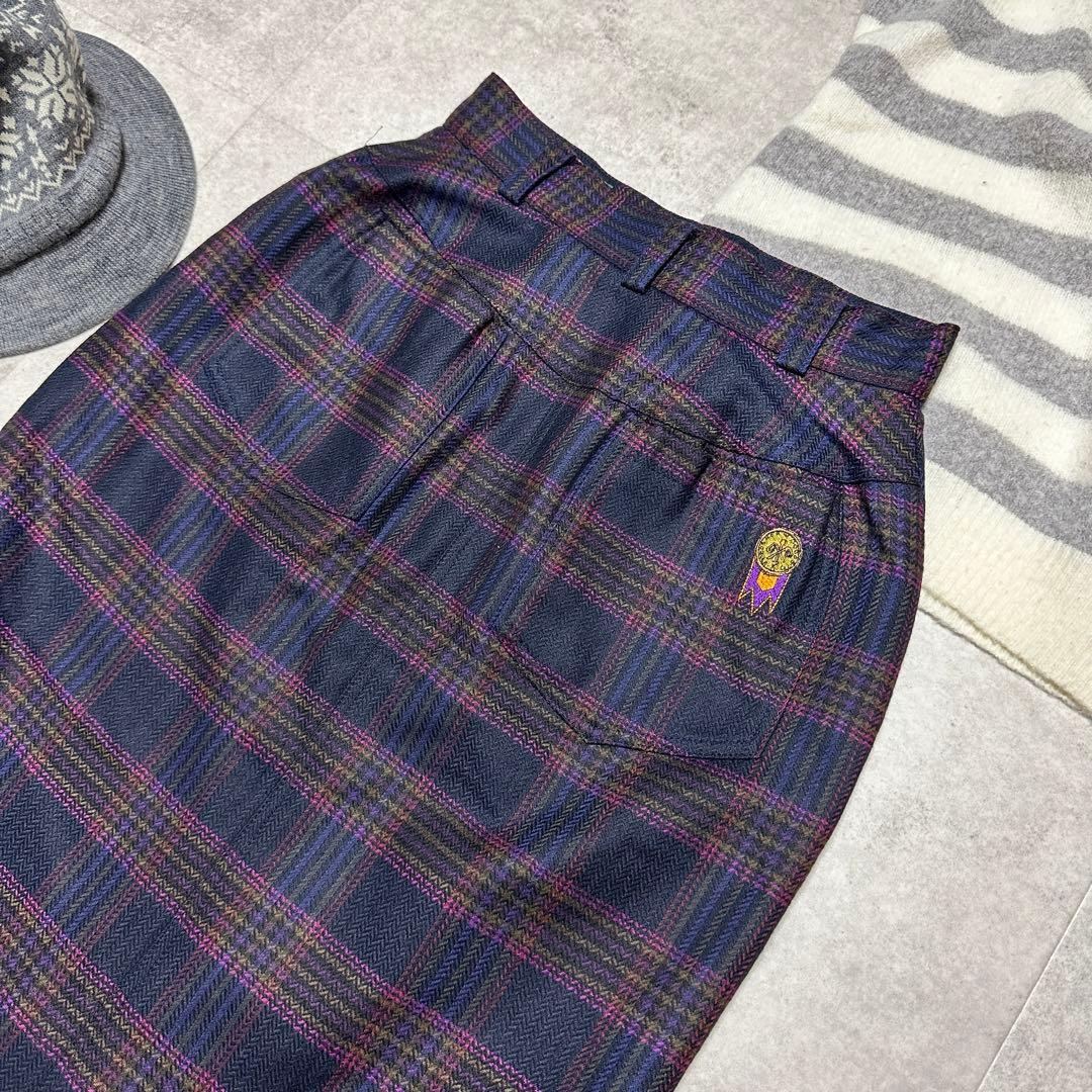 カステルバジャック スカート チェック ウール100% ゴルフウェア 紺 M