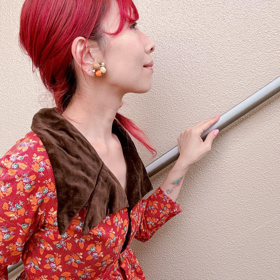 70s70年代ILGWUキルティングドレスワンピースヴィンテージ花柄ベロア