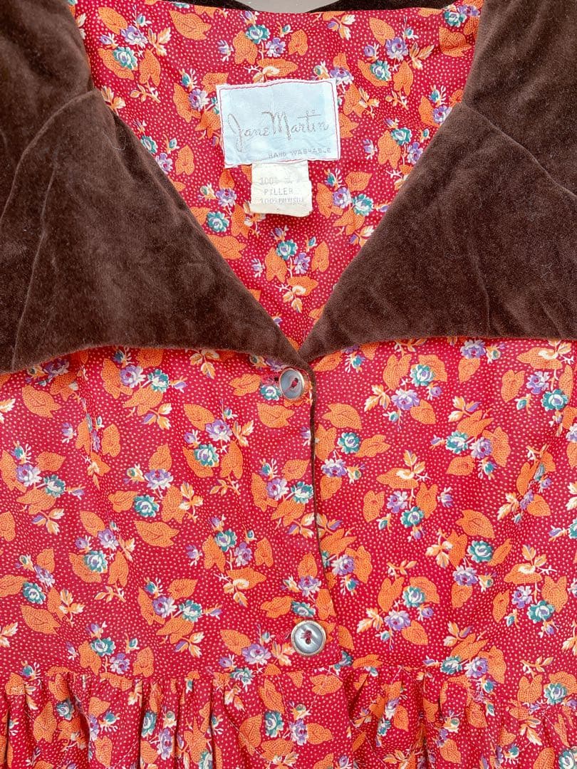 70s70年代ILGWUキルティングドレスワンピースヴィンテージ花柄ベロア