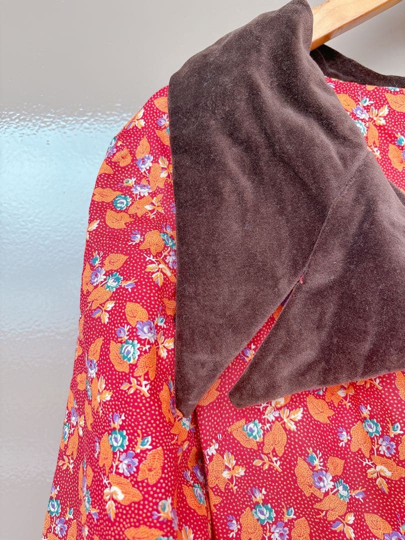 70s70年代ILGWUキルティングドレスワンピースヴィンテージ花柄ベロア