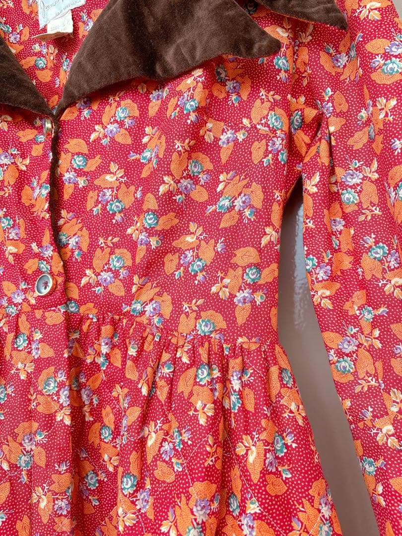 70s70年代ILGWUキルティングドレスワンピースヴィンテージ花柄ベロア