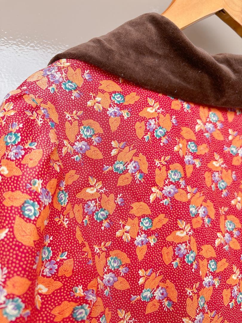 70s70年代ILGWUキルティングドレスワンピースヴィンテージ花柄ベロア