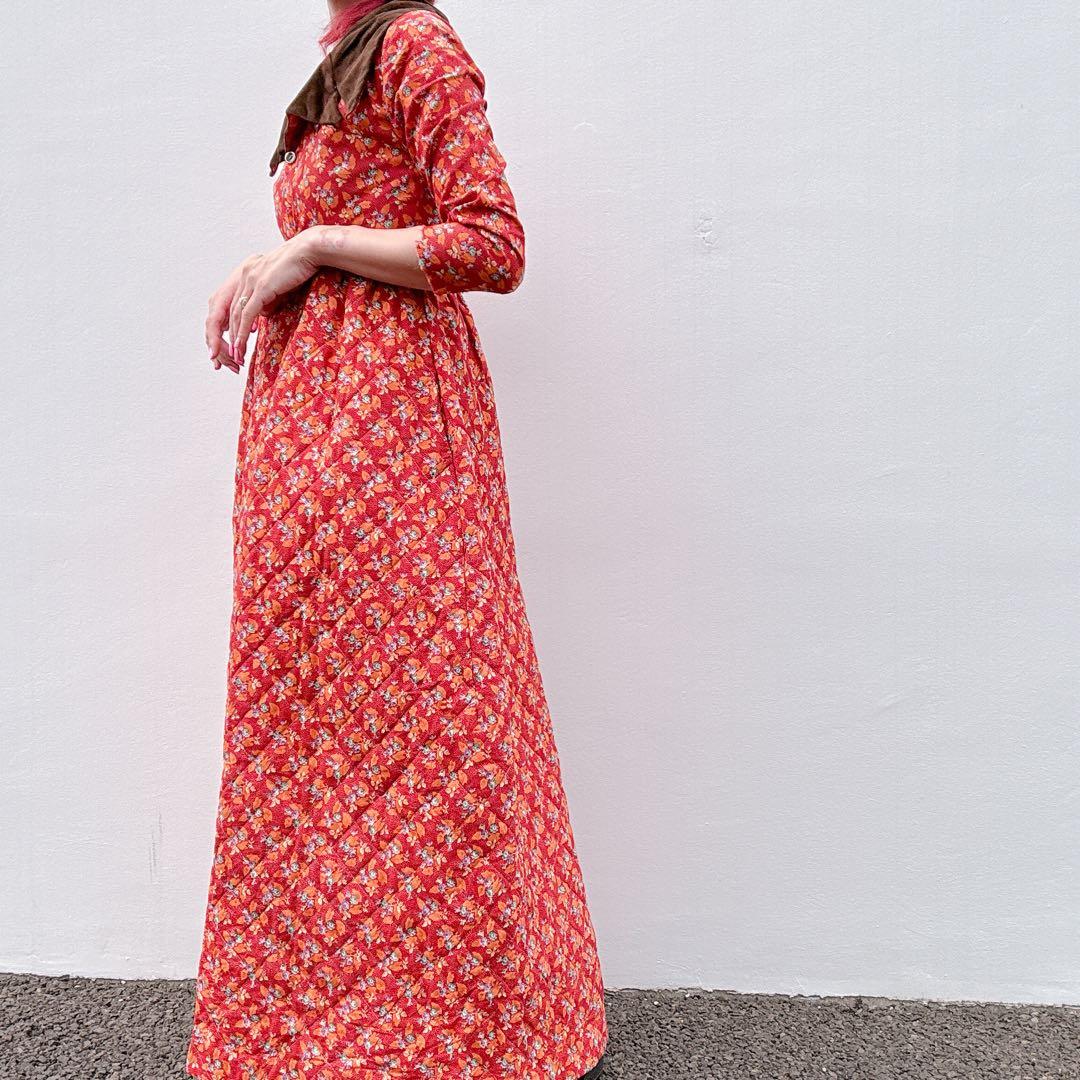 70s70年代ILGWUキルティングドレスワンピースヴィンテージ花柄ベロア