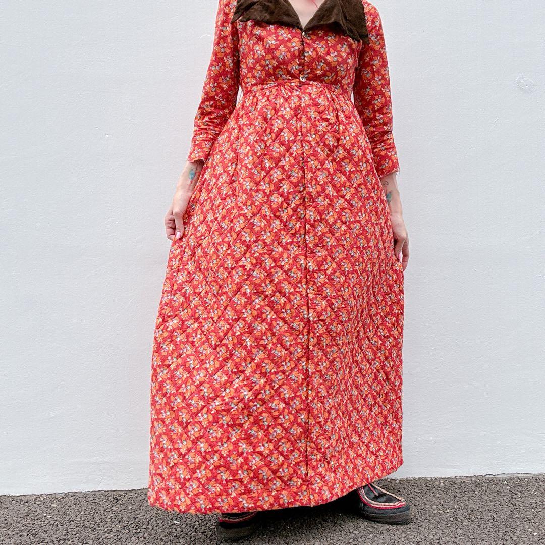 70s70年代ILGWUキルティングドレスワンピースヴィンテージ花柄ベロア