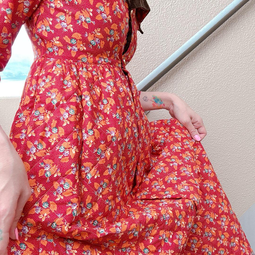 70s70年代ILGWUキルティングドレスワンピースヴィンテージ花柄ベロア