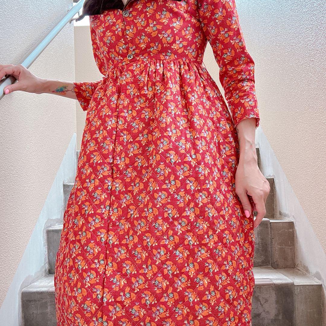 70s70年代ILGWUキルティングドレスワンピースヴィンテージ花柄ベロア