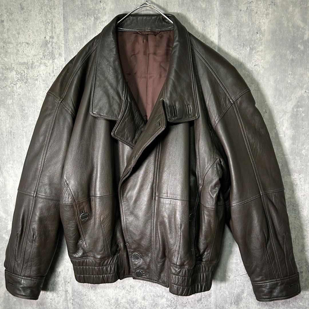 日本製 極上 羊革 レザージャケット ブルゾン 中綿 本革 茶色 銀ボタン