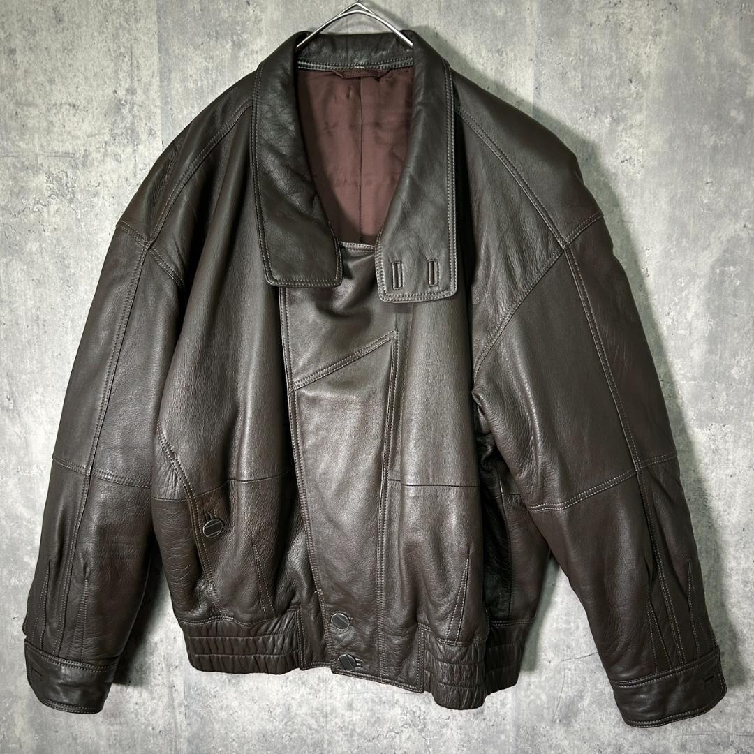 日本製 極上 羊革 レザージャケット ブルゾン 中綿 本革 茶色 銀ボタン