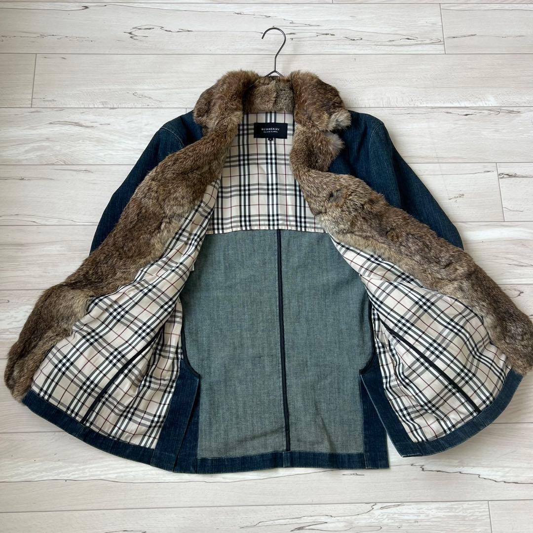 希少　バーバリーブラックレーベル　デニムジャケット　ノバチェック　ラビットファー