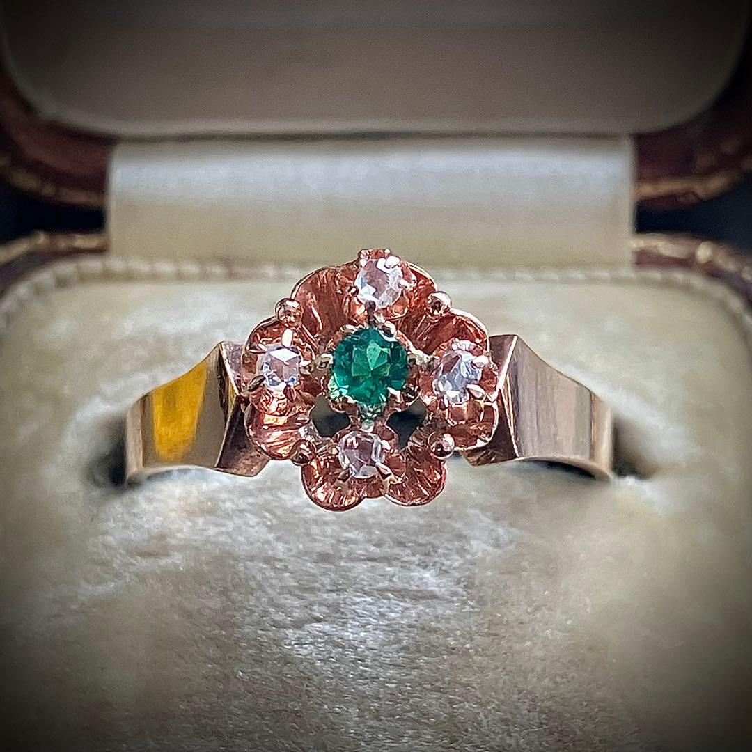 k9 アンティーク フランス　エメラルド＆ダイヤモンド　リング