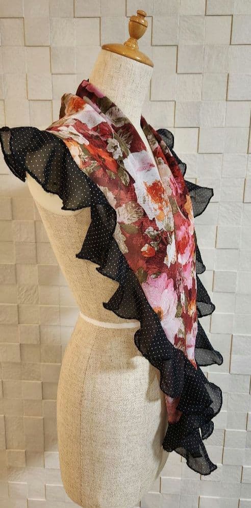 ハンドメイド フラメンコ衣装 新品 シージョ・エプロン 赤系 花柄 黒×白水玉