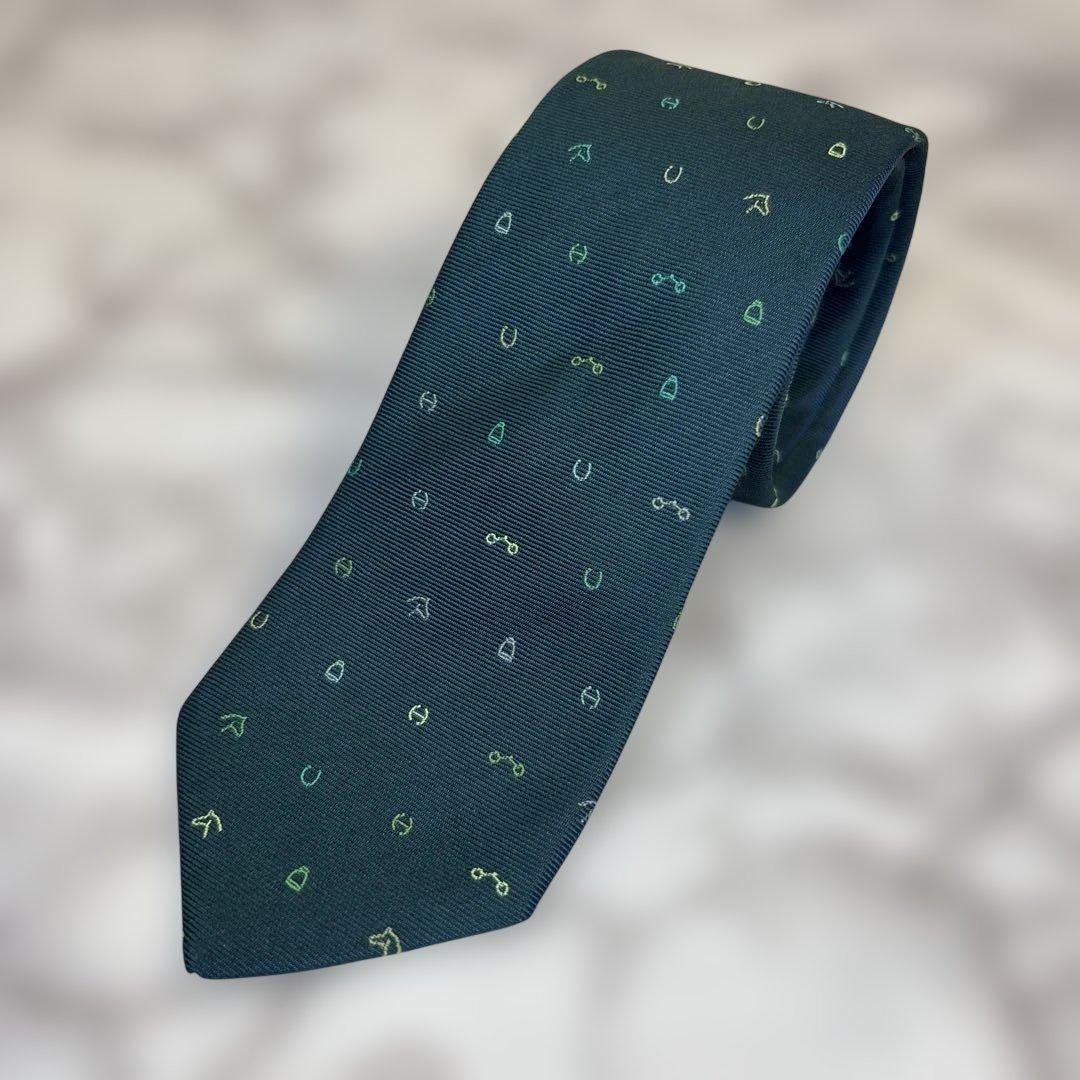 【極美品✨】HERMES ネクタイ　ダークグリーン　深緑　ファソネ　馬蹄　鍵