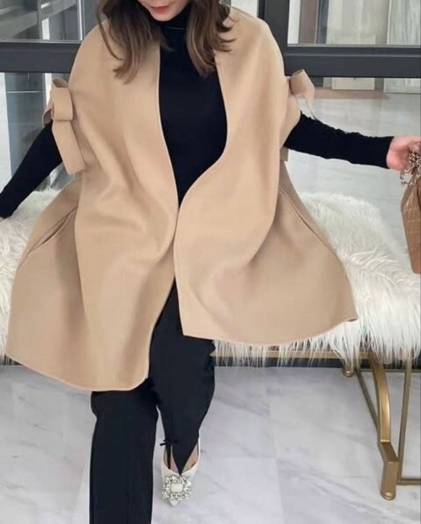 Myu リボン付き ケープコート ロングジレ ベージュ F