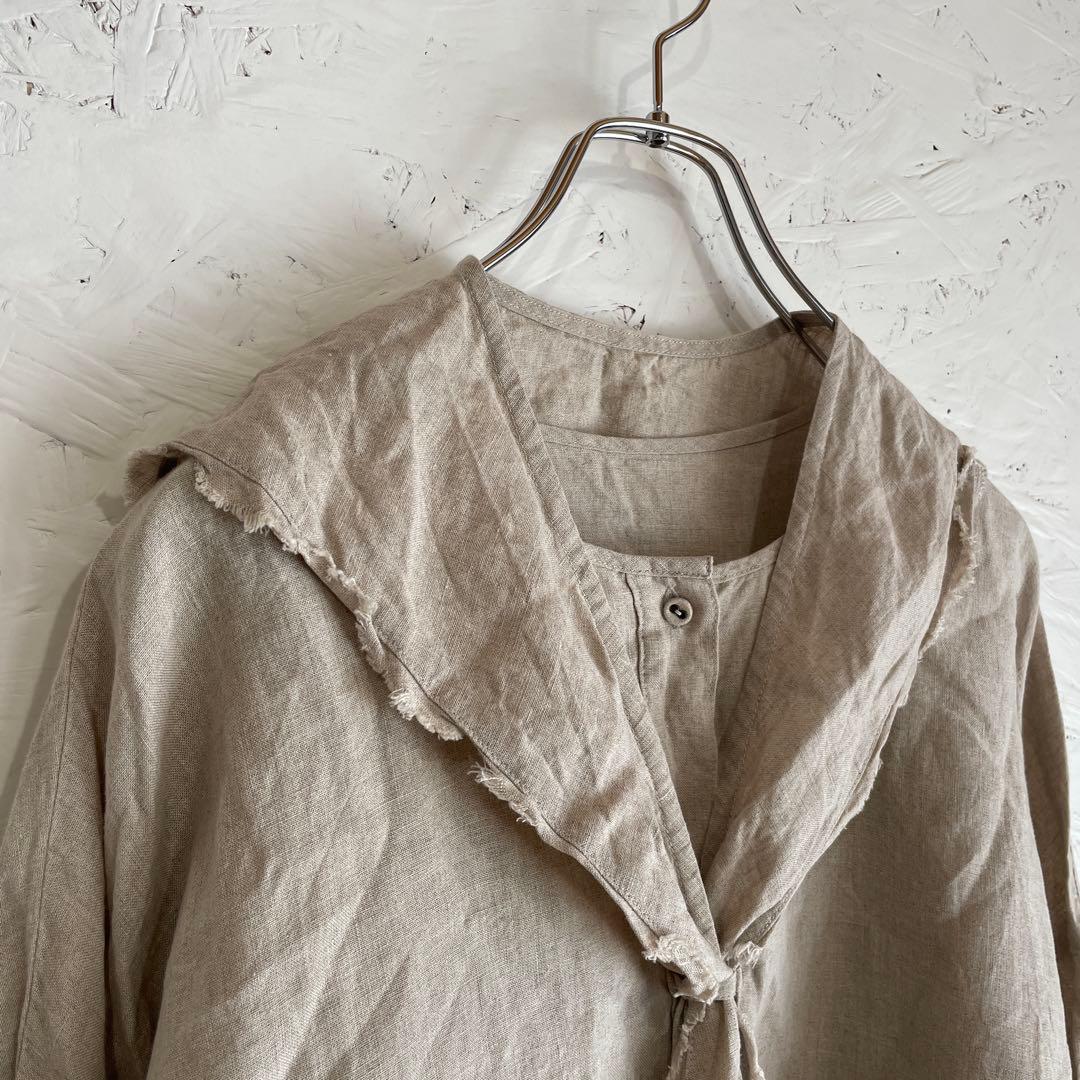 日本製【motomi.m】襟付き長袖リネンブラウス　ベージュ　ノーカラーブラウス