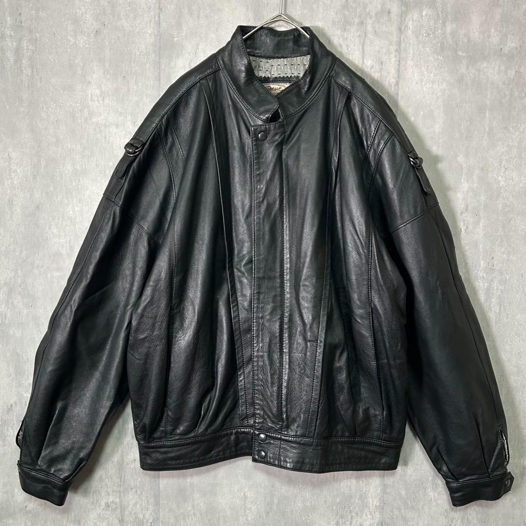 オールブラック 短丈 レザー ブルゾン 本革 ヴィンテージ 肩パッドなし 黒