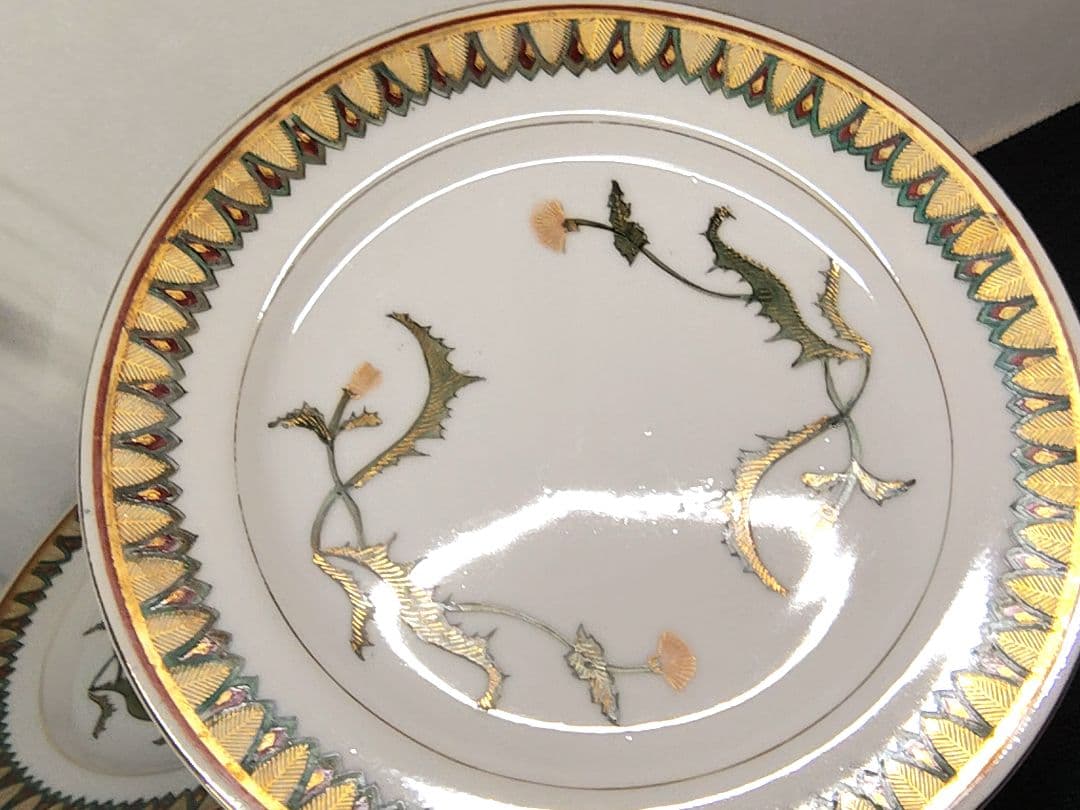 アンティーク　九谷焼　加賀屋　金彩　アザミ　23cm　平皿　プレート　6枚セット