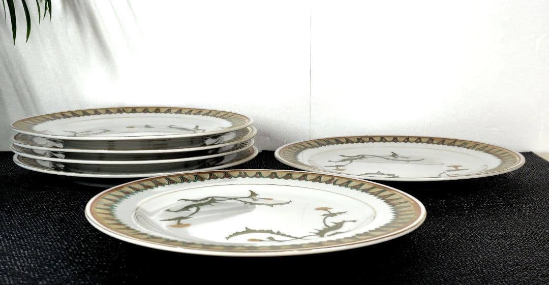 アンティーク　九谷焼　加賀屋　金彩　アザミ　23cm　平皿　プレート　6枚セット