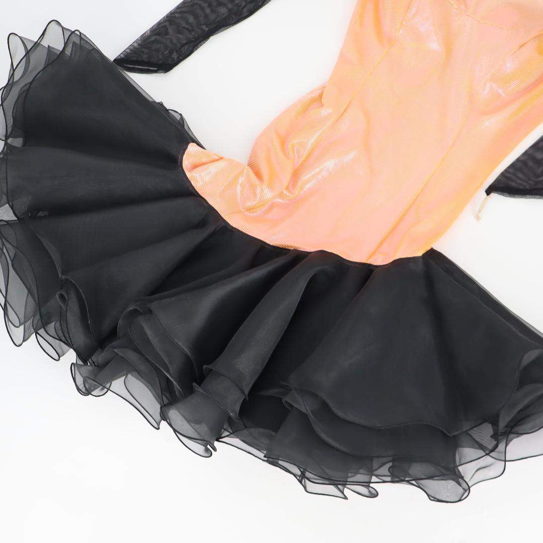 【美品 社交ダンス衣装】オーロラオレンジ×豪華フリル ラテンドレス 胸パット付