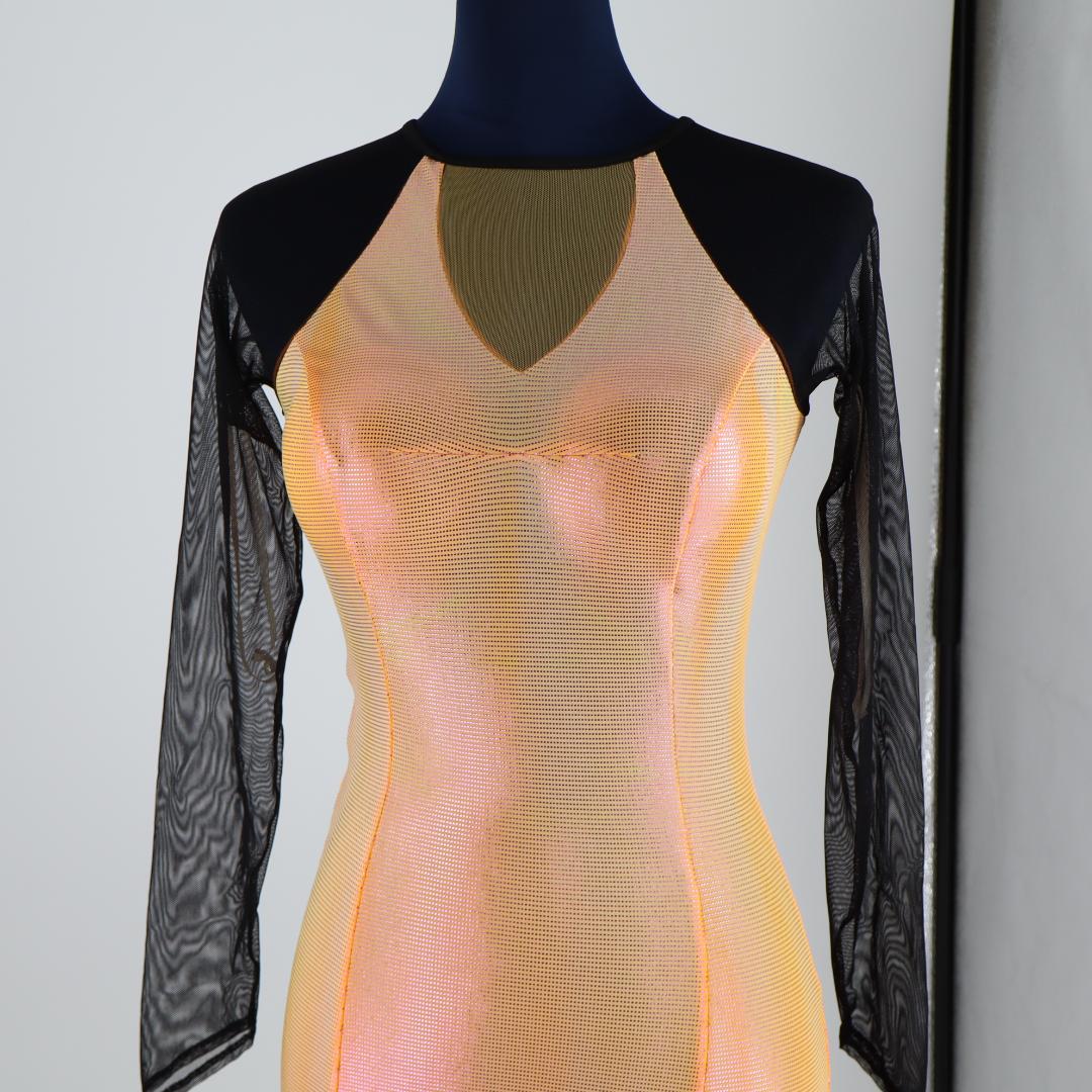 【美品 社交ダンス衣装】オーロラオレンジ×豪華フリル ラテンドレス 胸パット付