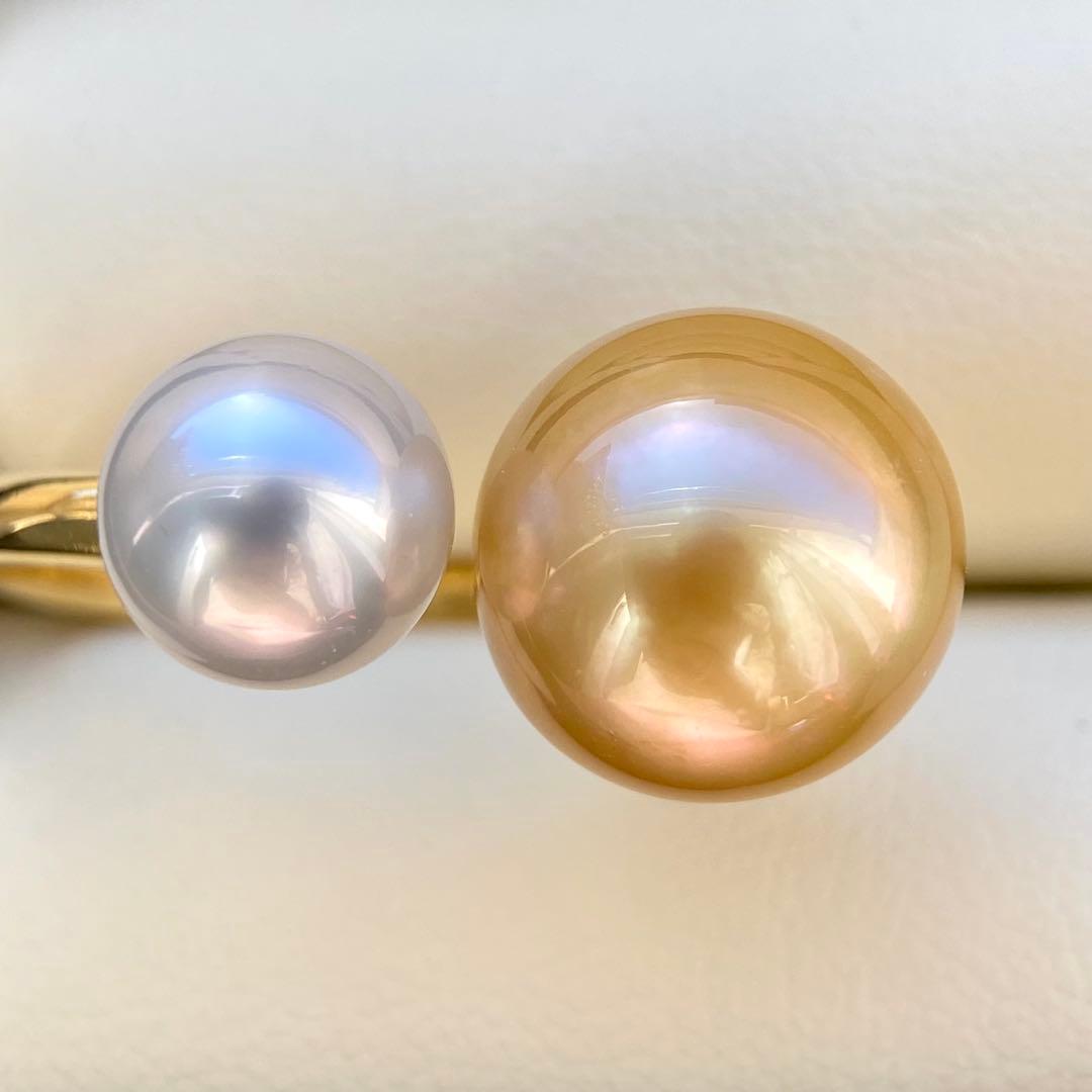 本真珠南洋白蝶真珠ゴールドとホワイト　s925ダブルリングY1057