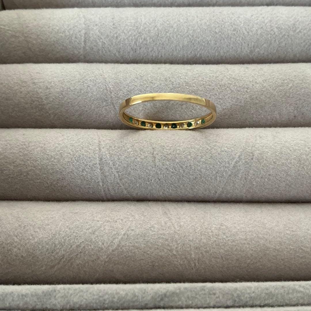 13号　ハーフエタニティリング　3個　ダイヤ　エメラルド　K18　YG　PG