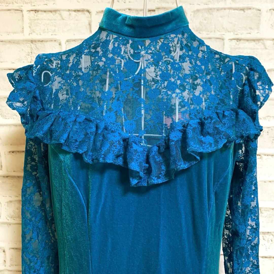 【ui no!】ハワイ製　ハイネック　レース&ベロア　フラダンス　ドレス