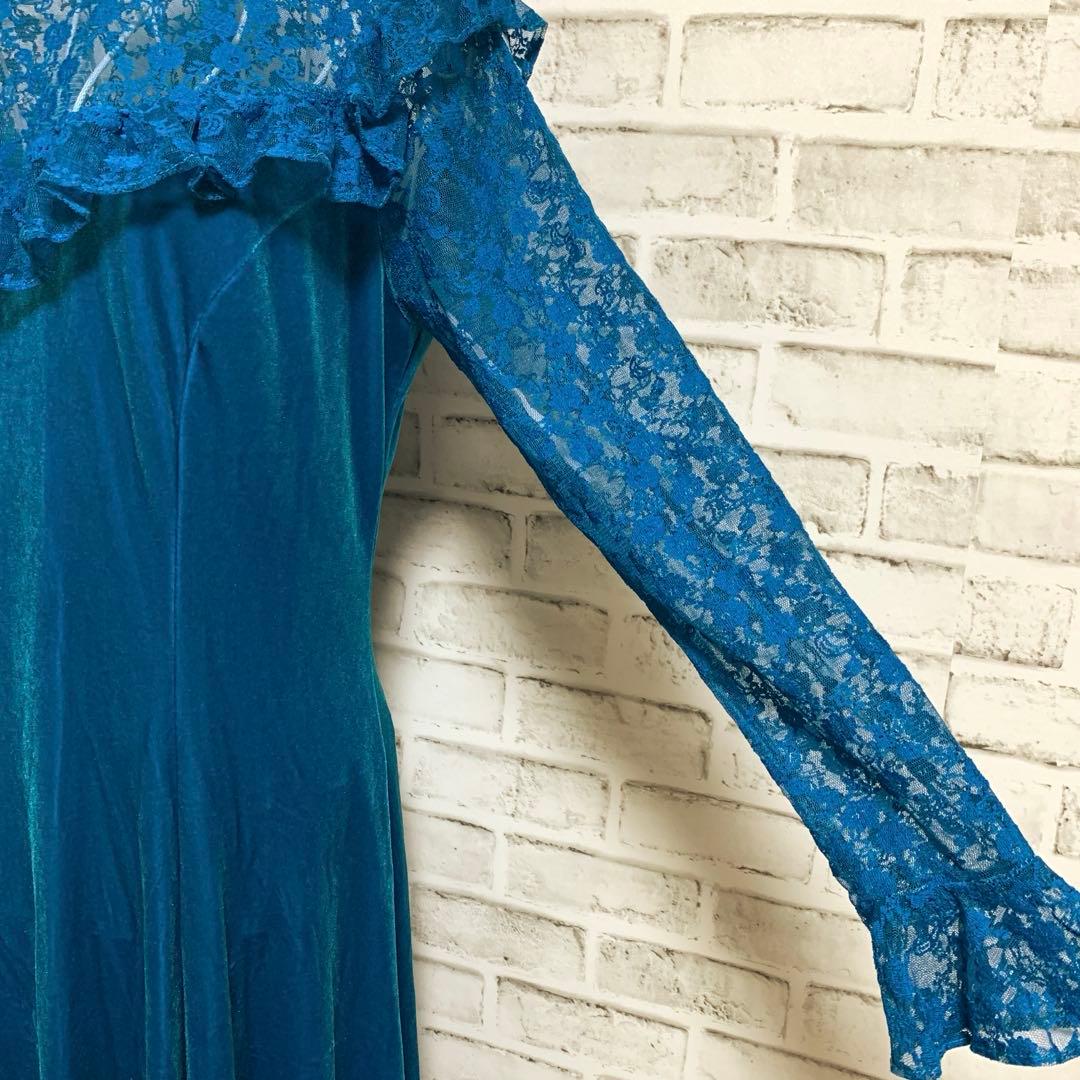 【ui no!】ハワイ製　ハイネック　レース&ベロア　フラダンス　ドレス