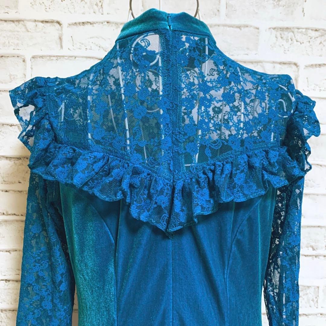 【ui no!】ハワイ製　ハイネック　レース&ベロア　フラダンス　ドレス