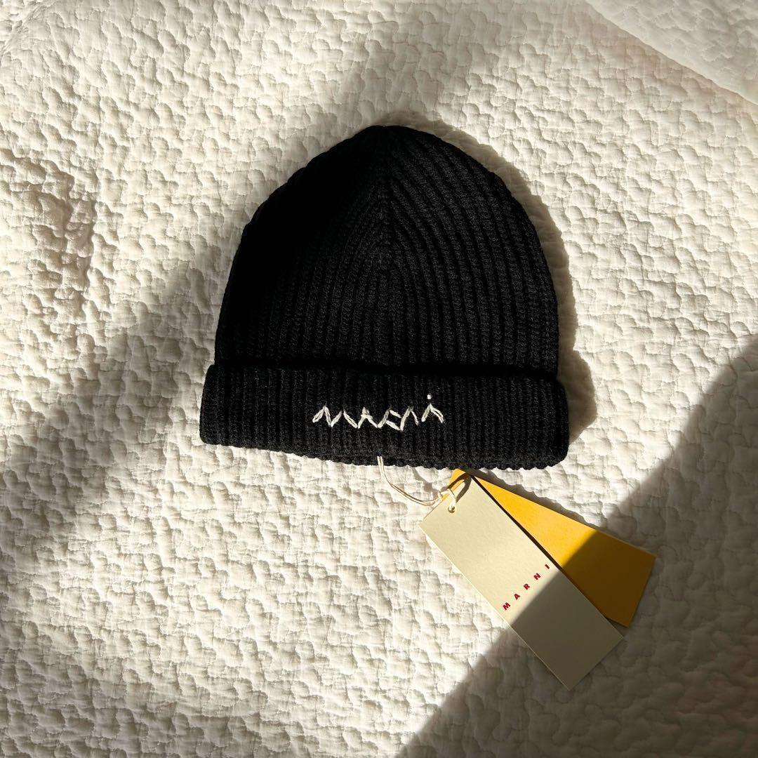 ★新年限定価格★【MARNI】刺繍ロゴ リブ ニット帽 ニットキャップ