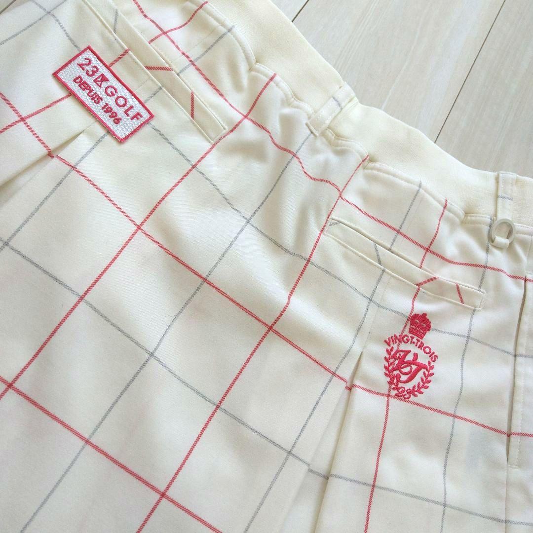 23区ゴルフニットスカート上下セットレディースゴルフウェアピンクチェック美品秋冬