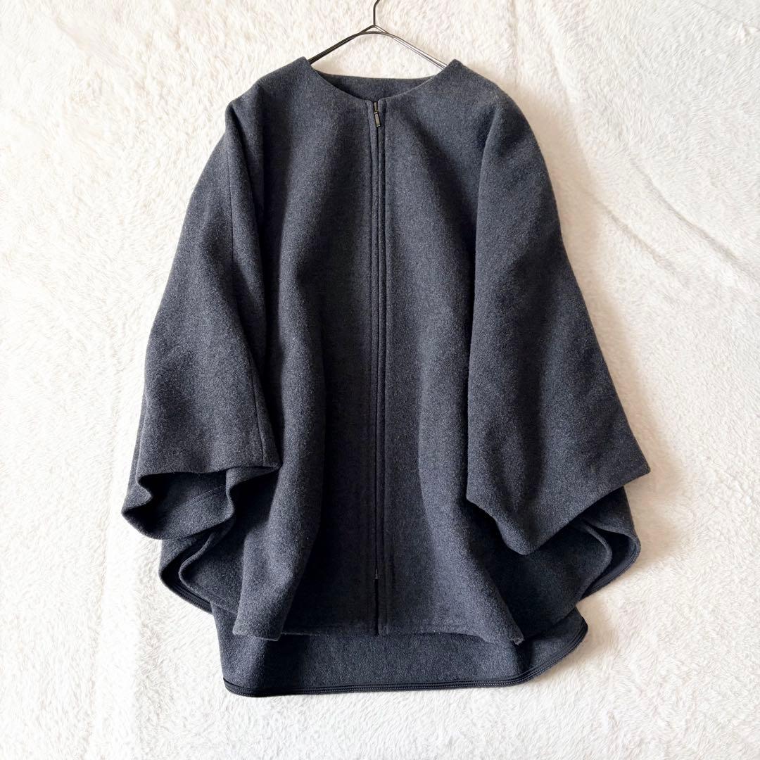 1389 美品✨ ビアズリー ウールポンチョコート ダークグレー ノーカラー F